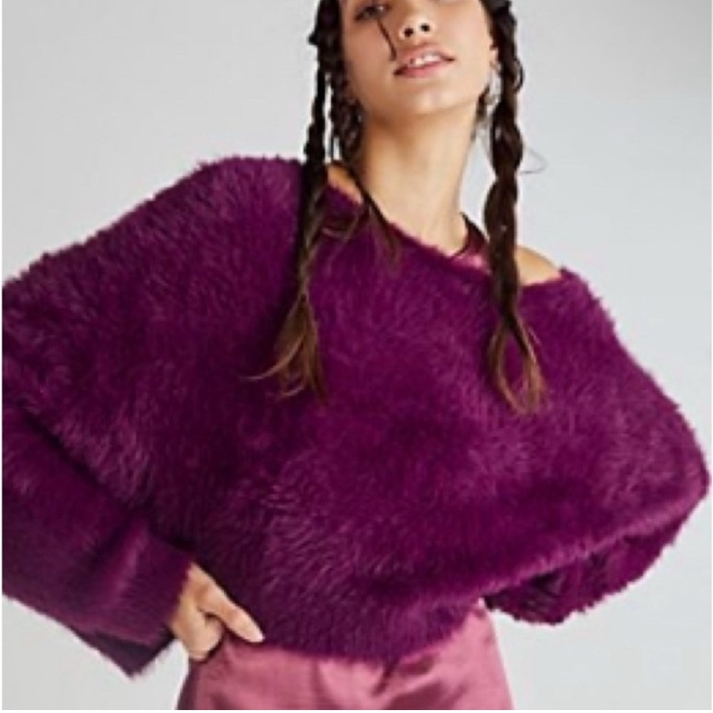 Free People One Crilla Pullover Sweater Purple (Black Cherry) Crop Furry Size S